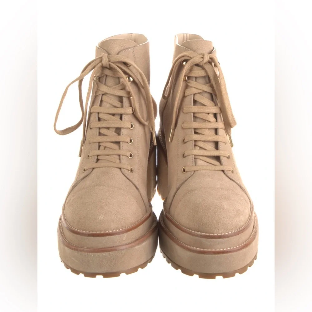 Cult Gaia Suede Platform Lace Up Ankle Combat Block Heel Leather Booties Tan